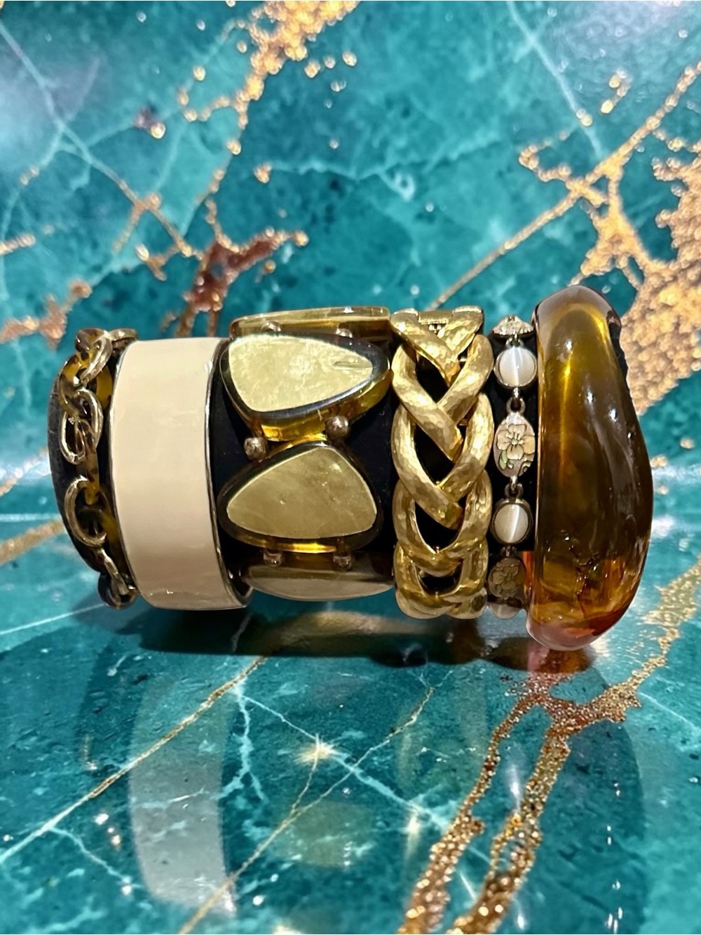 Vintage Gold Amber Bracelet Stack Set Chunky Lucite Tortoise Shell Boho Resin